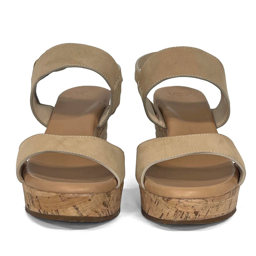 Ugg Elena Wedge Sandals Sz 8.5 Horchata Beige Nubuck Leather 3" Jute Cork Heel - Picture 2 of 11